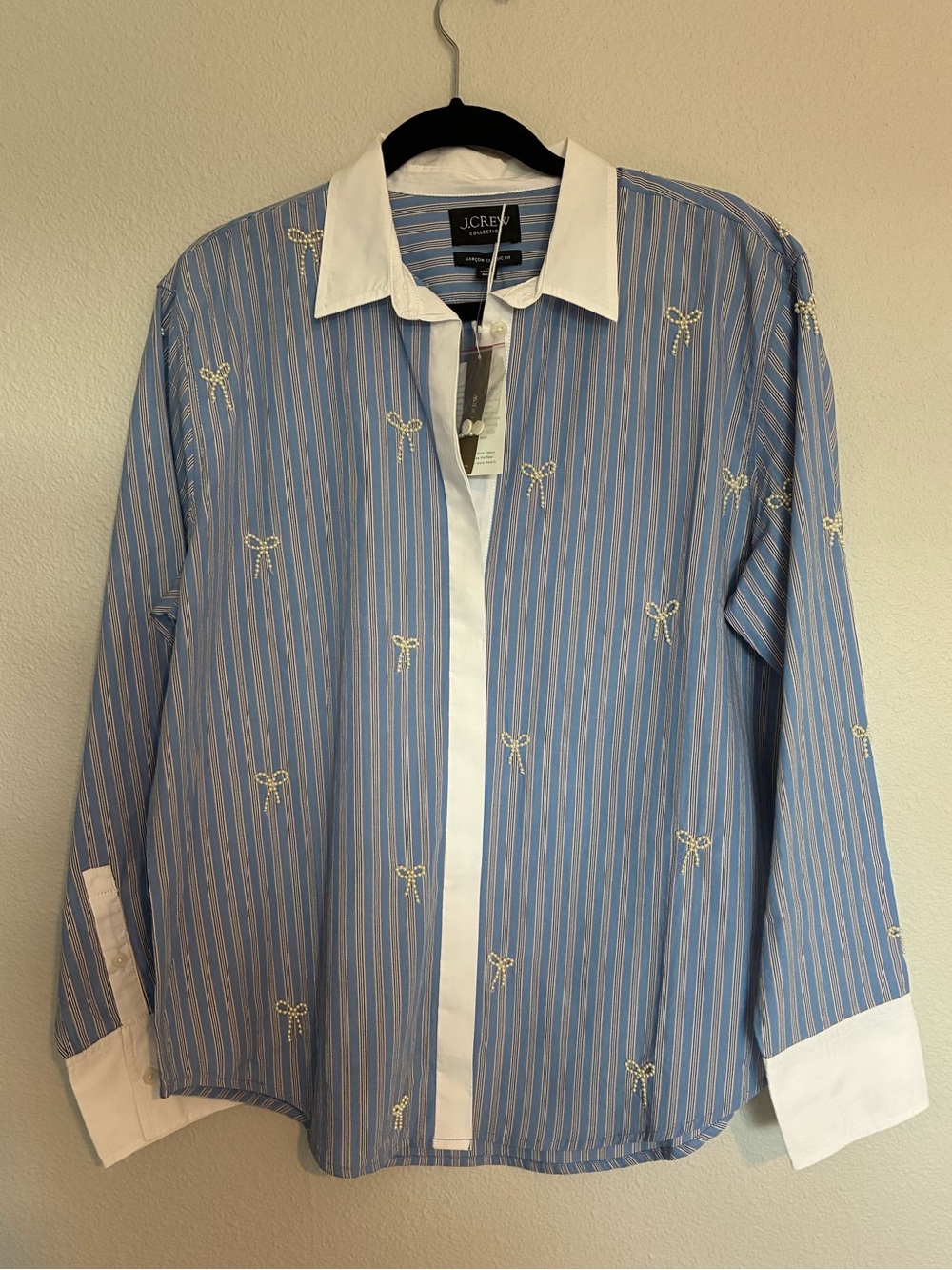 J. Crew Blue Stripe Button-Up Shirt with White Contrast Collar and pearl bows